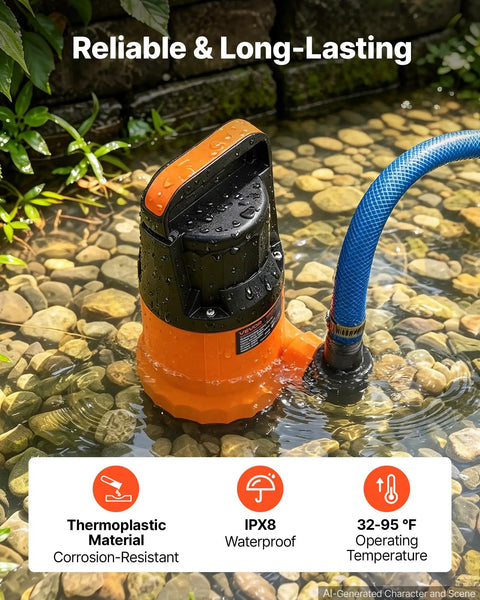 Rock Solid Submersible Water Pump 1 Horsepower 4300 Gallons Per Hour in water, showing waterproof design and blue hose.