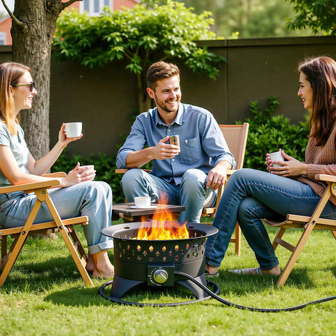 Group enjoying 20 Inch Outdoor Fire Pit With Grill, Smokeless Propane Burner Delivers 60000 BTU Heat on patio