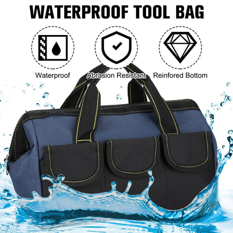 Three Pack Tool Bags For Electricians And Carpenters, Waterproof Hard Bottom, Built For Tough Jobs, Heavy Duty Wide Mouth Tote
