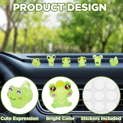 Front view of neon-green plastic frog dashboard figurines set for car interior decor (6 pieces)