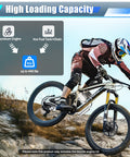 Cyclist on trail with text about aluminum engine and loading capacity, related to 100Cc Bicycle Engine Kit For 26 To 28 Inch Bikes 2 Stroke Gas Motor Conversion With Air Cooling Upgraded Sprocket Red Speed Carburetor CDI And Full Accessories For Quick DIY Bike Motor Build