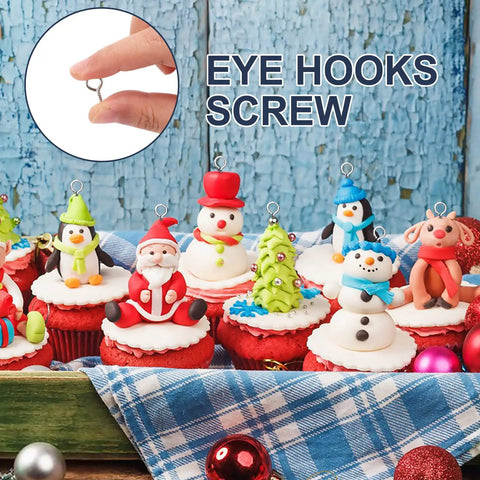 Christmas cupcakes with figurines using Heavy Duty Screw Eye Hooks 0.63 Inch 300 Pack Durable Iron Eye Screws for Hanging Artwork.