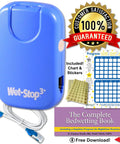 Blue Bedwetting Alarm With Loud Sound And Strong Vibration For Boys And Girls Enuresis Alarm With Six Tones And Vibration Alerts Go To Compact Sensor Unit That Uses 2 AAA Batteries And Is Easy To Clean, with chart and stickers
