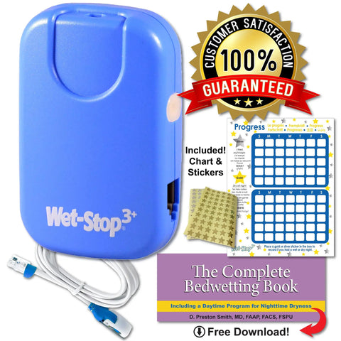 Blue Bedwetting Alarm With Loud Sound And Strong Vibration For Boys And Girls Enuresis Alarm With Six Tones And Vibration Alerts Go To Compact Sensor Unit That Uses 2 AAA Batteries And Is Easy To Clean, with chart and stickers