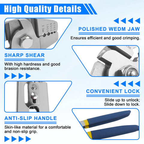 Close-up of Heavy Duty Fishing Crimping Pliers Kit features, including polished WEDM jaw, sharp shear, convenient lock, anti-slip handle.