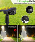 Diagram of Solar Spotlight 40 LED Outdoor Lights USB and Solar Powered with charging methods highlighted on grass surface.