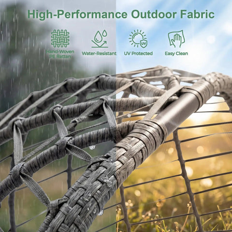 Close-up of hand-made rattan wicker on Double Egg Swing Chair With Stand For Outdoor Patio, showing UV resistant and water-resistant features.