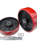 Pair Of Pallet Jack Steering Wheels 7x2 Inches Poly Tread Red With Preinstalled Bearings Axle And Fasteners For Quick Easy Swap