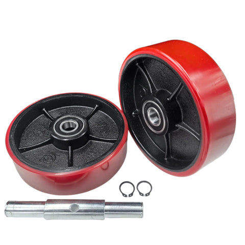 Pair Of Pallet Jack Steering Wheels 7x2 Inches Poly Tread Red With Preinstalled Bearings Axle And Fasteners For Quick Easy Swap