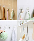Heavy Duty Sticky Hooks No Drill Hassle, Clear Self Adhesive Wall Tacks For Kitchen Bathroom And Shower, Strong Waterproof Backing With Kickass Grip That Holds Your Heavy Gear Down Tight, 28 Pack Bundle showcasing various kitchen tools hung on clear adhesive wall hooks.