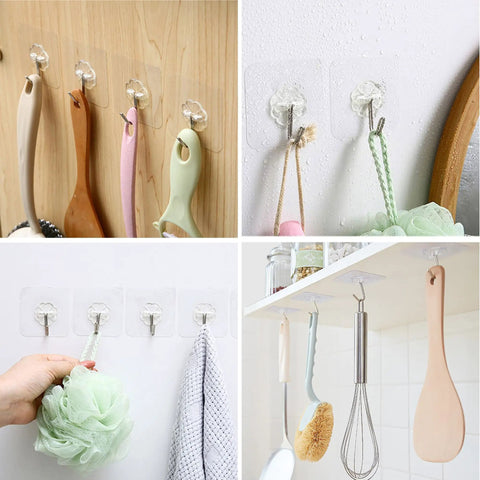 Heavy Duty Sticky Hooks No Drill Hassle, Clear Self Adhesive Wall Tacks For Kitchen Bathroom And Shower, Strong Waterproof Backing With Kickass Grip That Holds Your Heavy Gear Down Tight, 28 Pack Bundle showcasing various kitchen tools hung on clear adhesive wall hooks.
