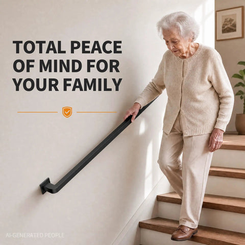 Rock Solid Black Wrought Iron Indoor Stair Handrail With Heavy Duty Square Tube Safety Railing And Sleek Matte Finish For Hallway Protection And No Sweat Diy Upgrades. Elderly person using sturdy handrail while descending stairs.
