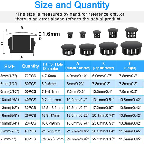 Size chart for 200 piece plastic hole plug set with 9 sizes for cabinets and furniture, includes measurements for each plug size.