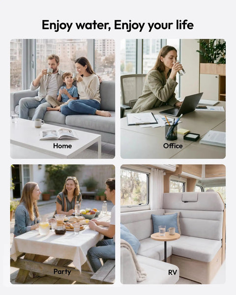 Collage with family at home, woman in office, friends at party, and interior of RV, related to Countertop Water Dispenser.