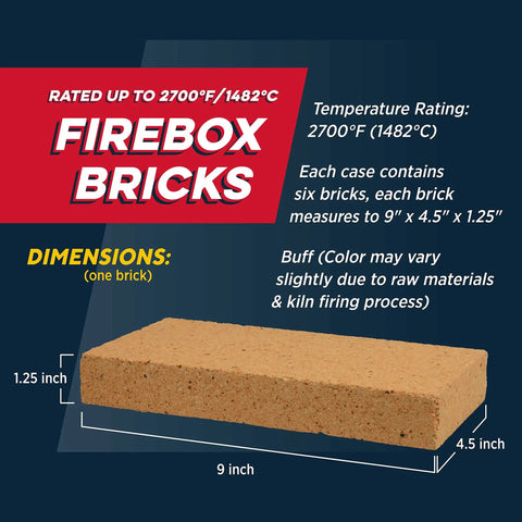 High Temperature Fire Brick 9x4.5x1.25 Inch Tan 6 Pack Built To Last For Wood Stoves Fireplaces And Pizza Ovens Usa Made Heat Rated To 2700 F Non Brittle And Size Accurate with temperature and dimensions