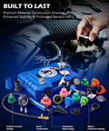 Front view of Orion Motor Tech 26-piece coolant pressure tester kit with blue aluminum pump and 18 radiator adapters.