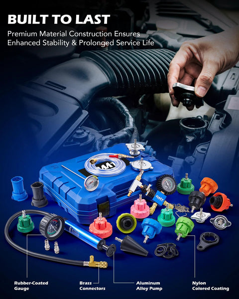 Front view of Orion Motor Tech 26-piece coolant pressure tester kit with blue aluminum pump and 18 radiator adapters.