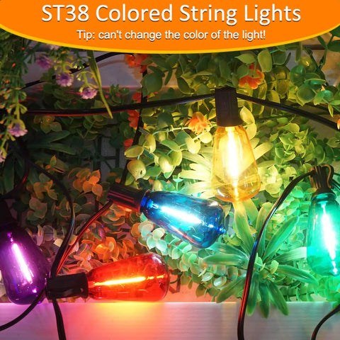 Multicolor Outdoor String Lights 100Ft LED Patio Lights With 55 Shatterproof Edison Bulbs against lush green foliage.
