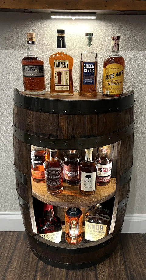 Wooden barrel with whiskey bottles under Rechargeable Wireless Under Cabinet Lights With Remote Control, 48 LED Bright White