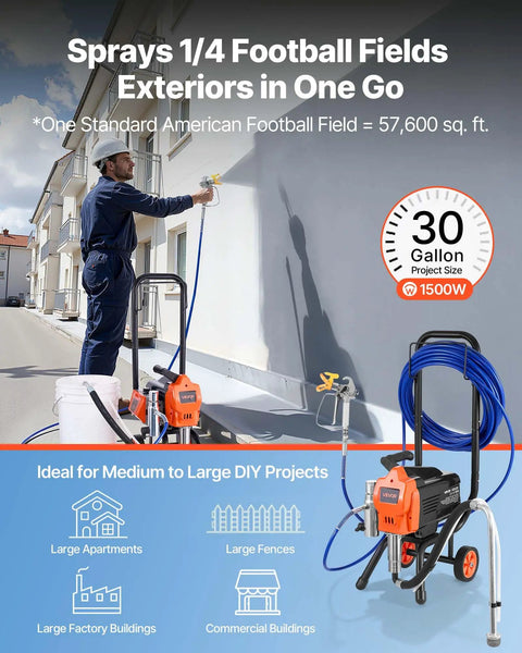 Pro Level Stand Airless Paint Sprayer With Sturdy Rolling Cart 1500W Motor Pumps Out 3300 Psi in use on exterior wall.
