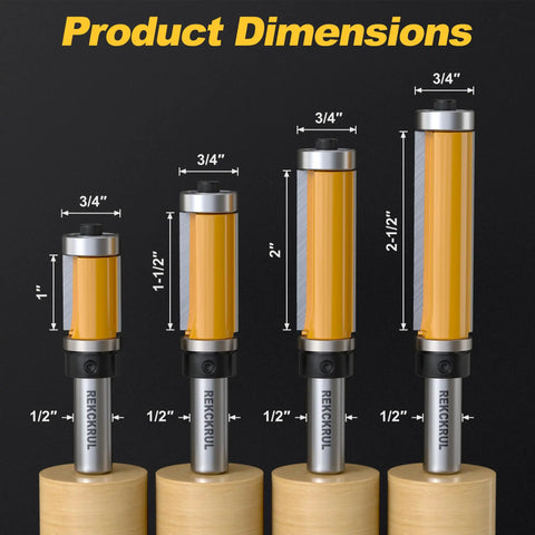Versatile 4 Piece Flush Trim Router Bits Set With 1/2 Inch Shank showing 1, 1-1/2, 2, 2-1/2 inch cutting lengths on black background