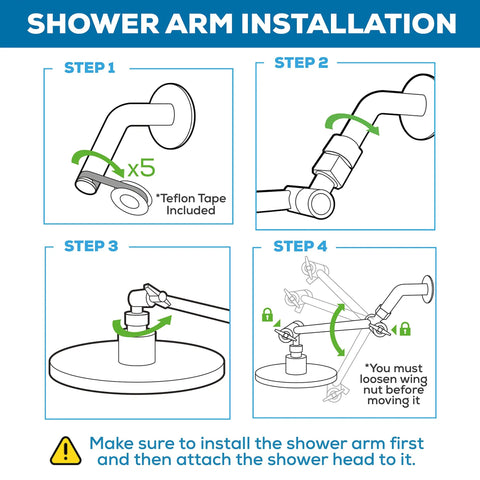 Installation steps for 11 Inch Solid Brass Shower Head Extension Arm with Universal One Half Inch Pipe Connection.