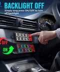 Hand operating 8 Gang Neon Switch Panel With Backlit Silicone Buttons in vehicle dashboard, focusing on toggle controls.