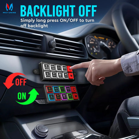 Hand operating 8 Gang Neon Switch Panel With Backlit Silicone Buttons in vehicle dashboard, focusing on toggle controls.