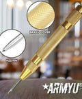 Knock Out Locked Windows Easy With This Heavy Duty Spring Loaded Glass Breaker Featuring Extra Steel Tip Adjustable Tension And A Knurled Brass Body For Rapid Emergency Rescue Two Pack, showing brass casing and HSS pin.