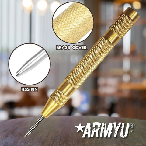 Knock Out Locked Windows Easy With This Heavy Duty Spring Loaded Glass Breaker Featuring Extra Steel Tip Adjustable Tension And A Knurled Brass Body For Rapid Emergency Rescue Two Pack, showing brass casing and HSS pin.