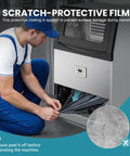 Person removing protective film from Top Shelf Commercial Ice Maker Delivers A Solid 120 Lbs Daily Output With 33 Lbs Storage Plus Built In Water Filter.