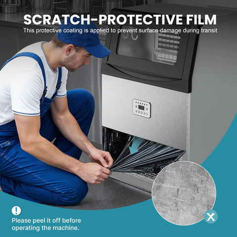 Person removing protective film from Top Shelf Commercial Ice Maker Delivers A Solid 120 Lbs Daily Output With 33 Lbs Storage Plus Built In Water Filter.