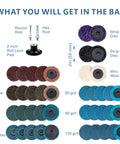 44 Piece 2 Inch Sanding Discs Set with Quick Change Holder labeled with disc types and grits for grinding and polishing