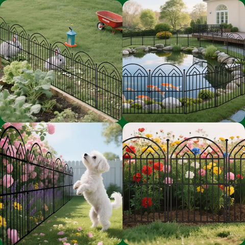 17 Inch Tall Garden Fence Set 28 Foot Long Arched Rustproof Metal No Dig Border Fencing with Stakes around gardens and patios.