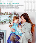 Mother holding toddler with 'Protect the Baby' text and 10 Pack White ABS Childproofing Safety Locks for Cabinets and Trash Cans image.