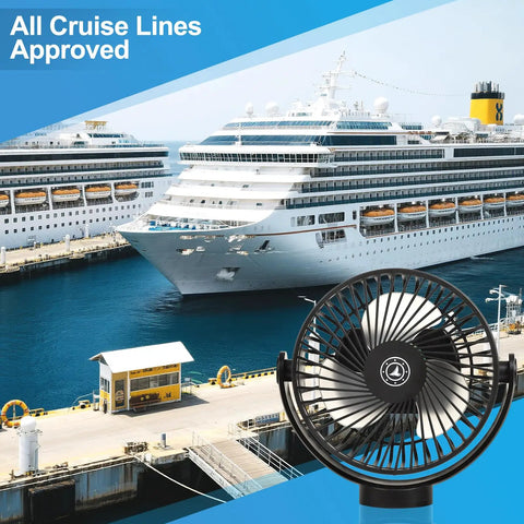 Keep Your Cabin Vibe Fresh With This Magnetic Cruise Fan 12000 Mah Battery 3 Speed Settings Ceiling And Wall Mount Built In Power Bank For Zero Hassle Travel And Sweet Airflow Chill Black next to cruise ships at dock.