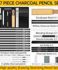 27 Piece Charcoal Drawing Set for Artists With Black and White Charcoal Pencils, Willow Charcoal, Blending Stumps, and Art Knife