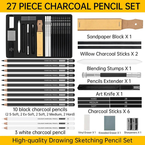 27 Piece Charcoal Drawing Set for Artists With Black and White Charcoal Pencils, Willow Charcoal, Blending Stumps, and Art Knife