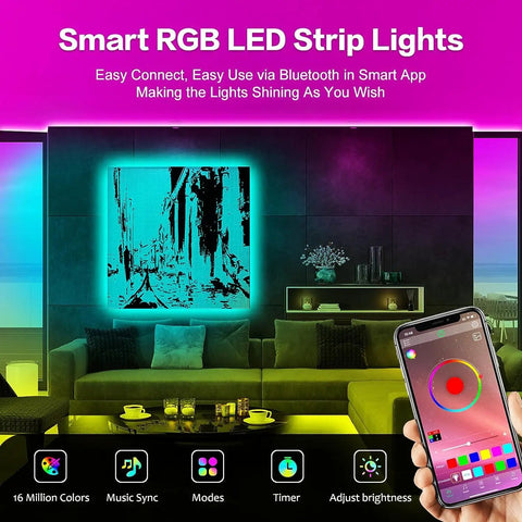 Modern living room with Ultra Long 65.6Ft LED Strip Lights for Bedroom, colorful lighting, and smart app on smartphone