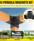 Heavy Duty Steel 3-Way Pergola Brackets Kit for 3.5x3.5 Inch Lumber installed on wood post showing outdoor uses