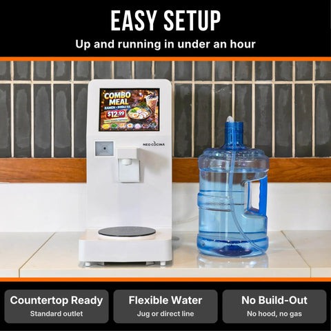 Commercial Self Serve Ramen Cooker For Quick Service with eight touchscreen panels shown with water jug on countertop