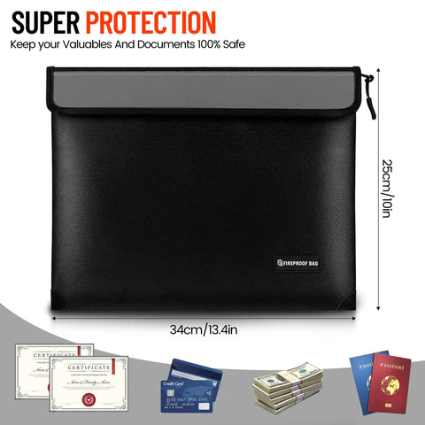 Ultra Fireproof Document Bag With Zipper And Reflective Strip, 13.4 By 10 Inches, fireproof safe pouch for documents and cash