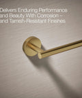 Elate 12-Inch Towel Bar In Vibrant Brushed Moderne Brass, Modern Bath Hardware With Premium Metal Construction, Easy Installation, Tarnish And Corrosion Resistant Finish, And A One-Year Limited Warranty For A Slick Bathroom Upgrade close-up showing corrosion-resistant finish on wall.