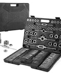 Go-To All-In-One Tap And Die Set For Cutting External And Internal Threads Bearing Steel Rethreading Tool Kit SAE And Metric M2 To M18 UNC UNF NPT with sturdy storage case.