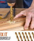 Hi-Spec Tools 99pc HSS drill bit set; close-up drilling into wood with wood shavings