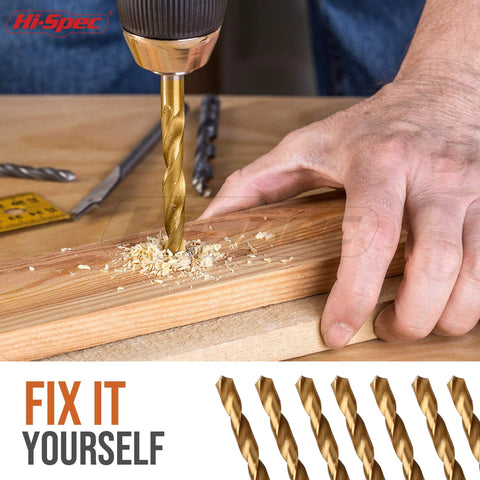 Hi-Spec Tools 99pc HSS drill bit set; close-up drilling into wood with wood shavings