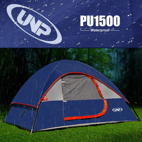 Front view of Two Person Waterproof Windproof Camping Tent With Rainfly Easy Setup Portable Dome Shelter under rain