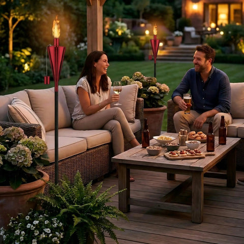 55 Inch Outdoor Oil Torch Lamps 2 Pack In Rose Gold, Rustproof Stainless Steel Citronella Torches in patio setting with people