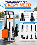 Heavy Duty Submersible Sump Pump With Automatic Float Switch Powers Through Heavy Water Jobs At Six Thousand Gallons Per Hour To Suck Up Basement Floods Pool Overflow And Pond Drainage Fast Built Like A Tank, with multiple hose adapter fittings.