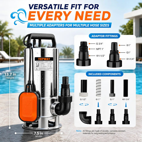 Heavy Duty Submersible Sump Pump With Automatic Float Switch Powers Through Heavy Water Jobs At Six Thousand Gallons Per Hour To Suck Up Basement Floods Pool Overflow And Pond Drainage Fast Built Like A Tank, with multiple hose adapter fittings.